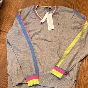 Gray V-Neck Sweater with Colorful Accents